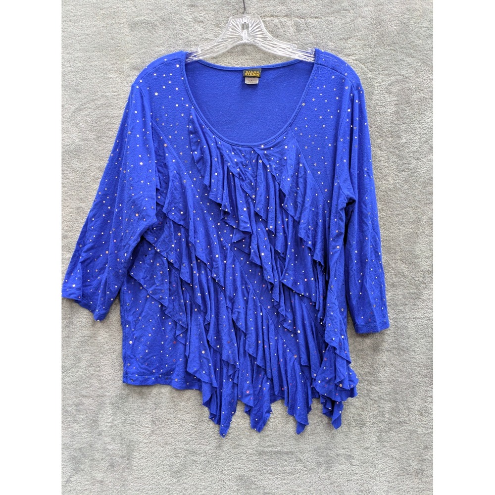 Ruffle Tiered Top Womens Large Blue Sparkle Foil Polka Dot 3/4 Sleeve Party